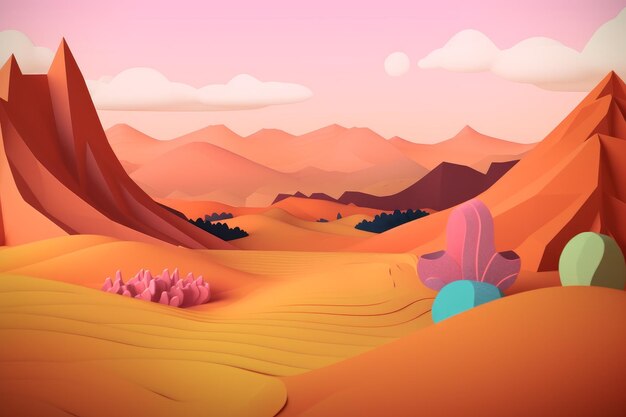 A desert landscape with a pink sky and a blue sign that says'desert '