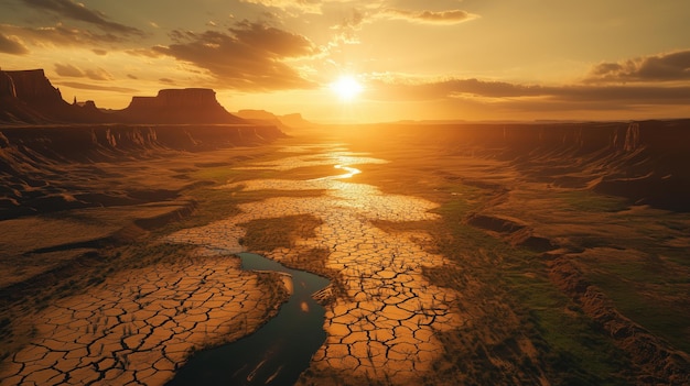 A desert landscape with a river running through it The sun is setting casting a warm glow over the s