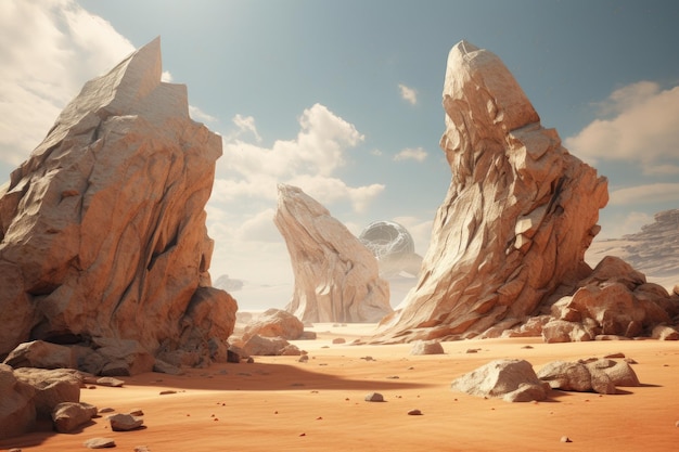 a desert landscape with rocks and a blue sky