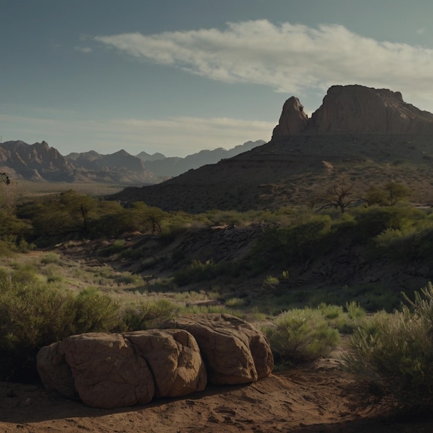 Photo a desert landscape with rocks and mountains in the background