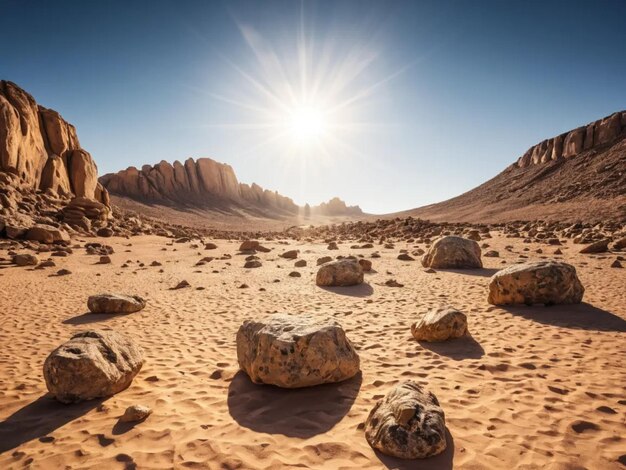 Photo a desert landscape with rocks and a sun in the background