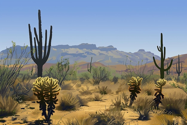 a desert landscape with saguaro cactus and mountains in the background