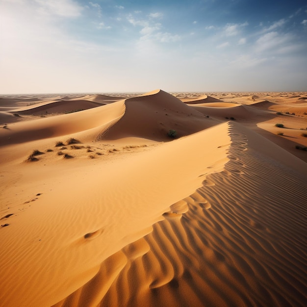 A desert landscape with sand dunes and a blue sky.