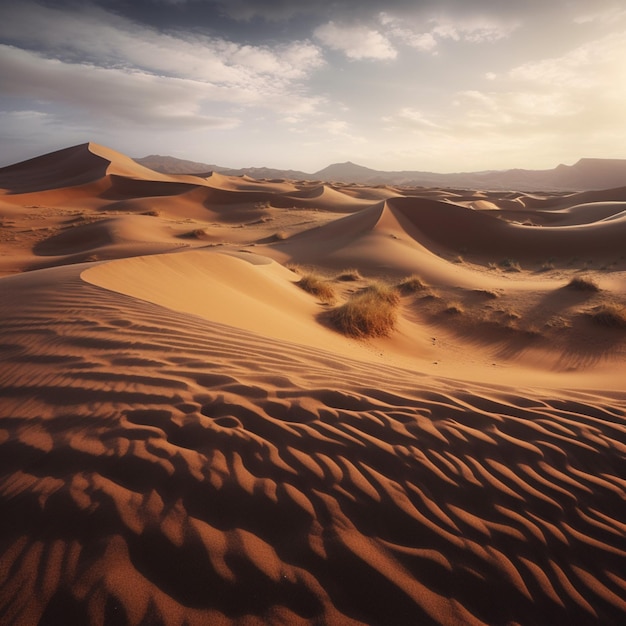 A desert landscape with sand dunes and a cloudy sky.