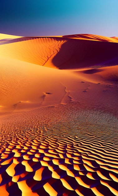 A desert landscape with sand dunes and a red sky.