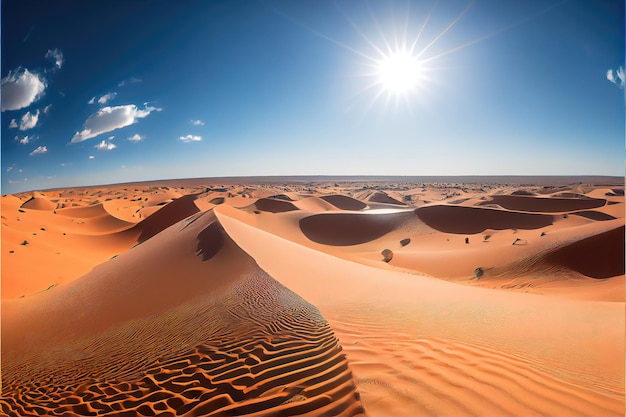 A desert landscape with sand dunes and the sun shining.