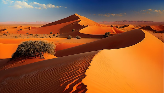 A desert landscape with sand dunes and trees.