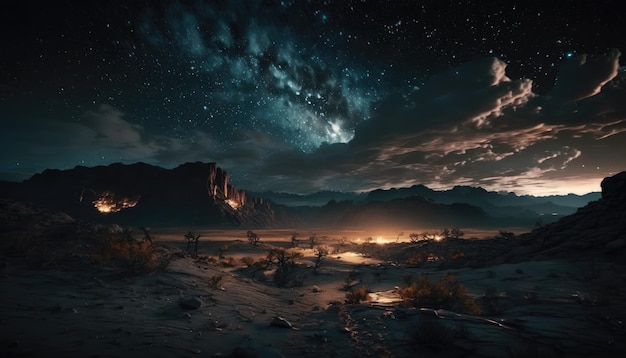 A desert landscape with a starry sky and a small town in the distance.