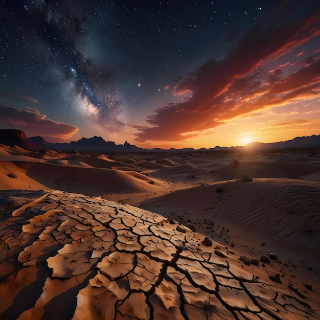 Photo a desert landscape with a starry sky and stars in the background