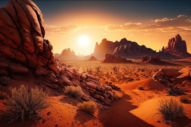 Desert landscape with sun setting in backdrop of giant red rock formations created with generative a