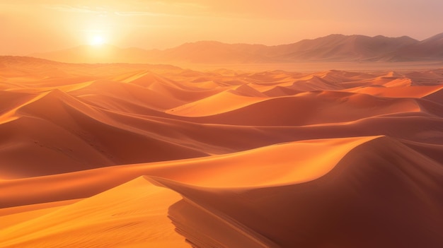 A desert landscape with a sun setting in the background