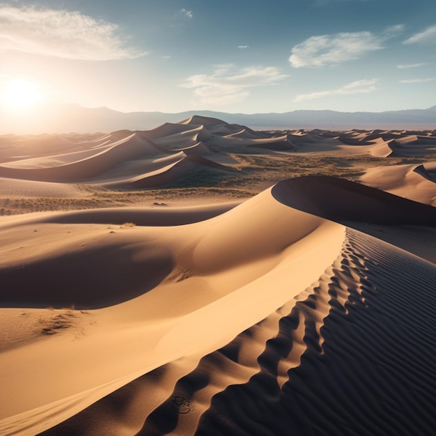 A desert landscape with a sunset in the background