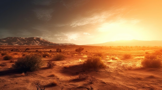 A desert landscape with a sunset in the background