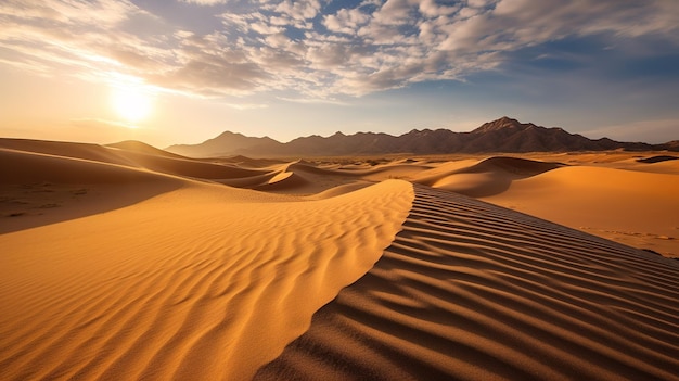 A desert landscape with a sunset in the background