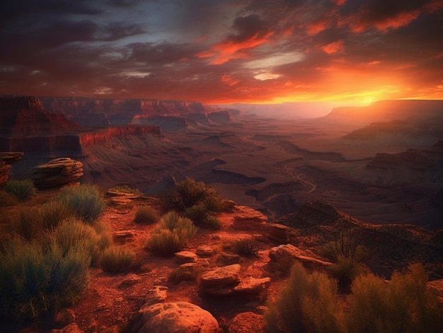 A desert landscape with a sunset in the background