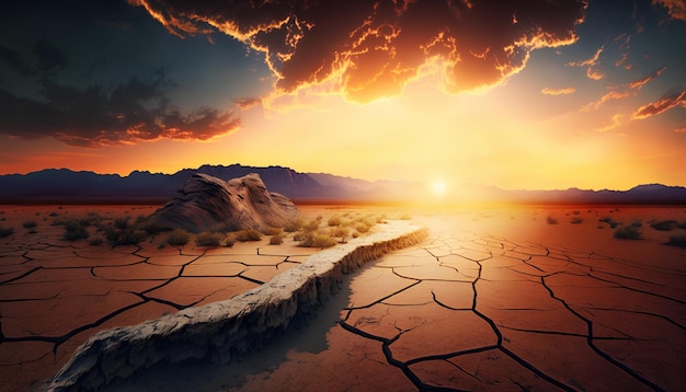 A desert landscape with a sunset and a path that is going to the horizon.