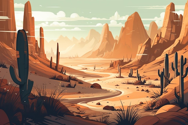 Desert landscape with towering cacti and sand dunes