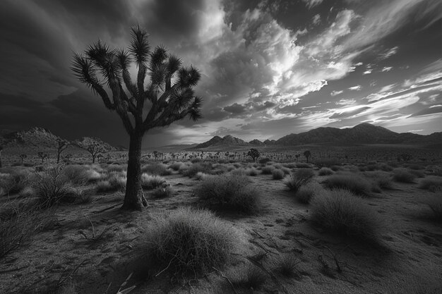 Photo a desert landscape with a tree and mountains in the background