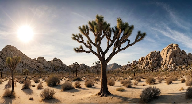 Photo a desert landscape with a tree and mountains in the background