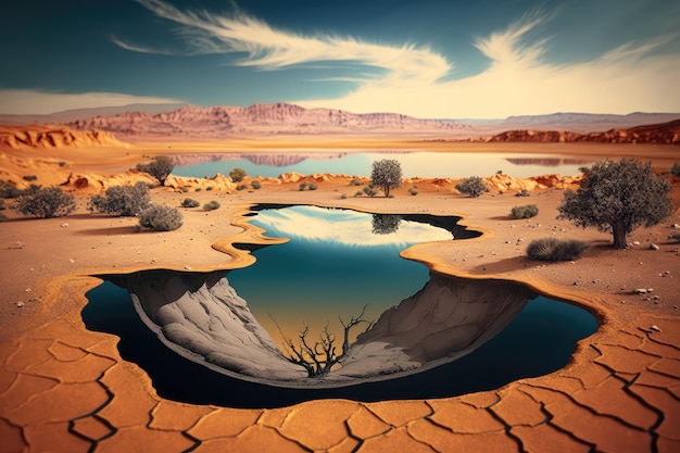 Desert landscape with water in pot holes lake in desert