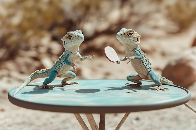 Photo desert lizard couple enjoying ping pong fun