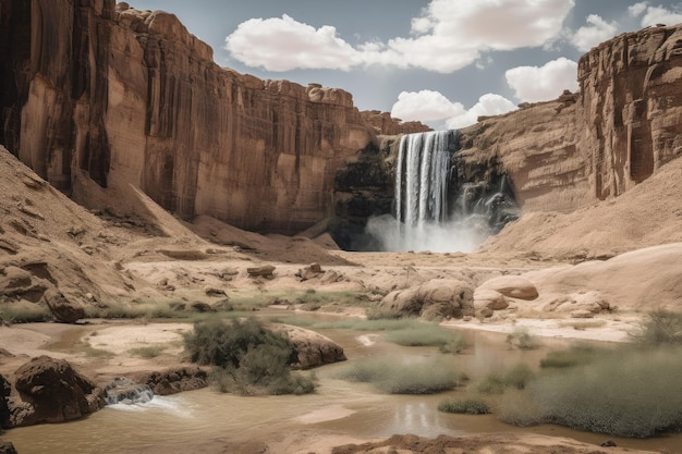 Desert mirage of towering waterfall surrounded by arid desert landscape created with generative ai