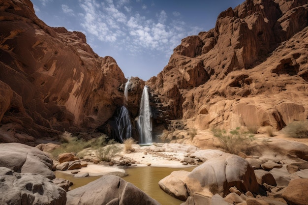 Desert mirage of towering waterfall surrounded by arid desert landscape