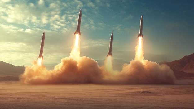 Photo desert missile launch with three rockets in flight