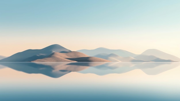 Desert mountain and oasis lake with sunrise light and misty fog Picturesque