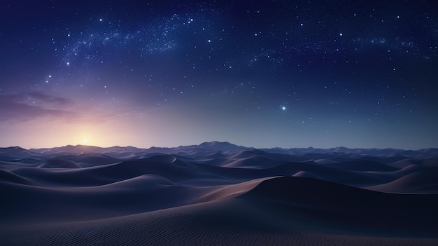 Desert at night under a starry sky Sand dunes overlooking the sunset sunrise In the night sky galaxies and nebulae Mystical surreal background