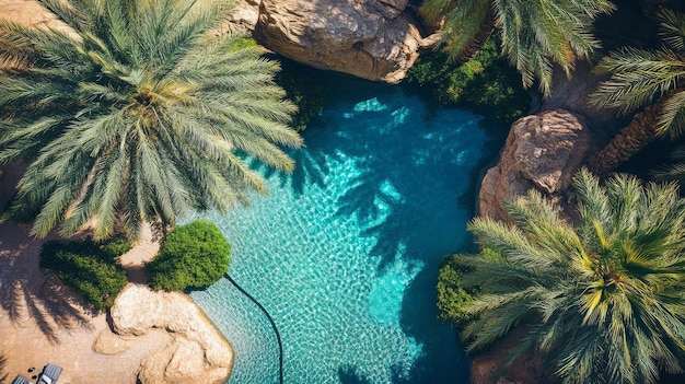 Desert Oasis Aerial View of Palm Trees and Crystal Clear Pool