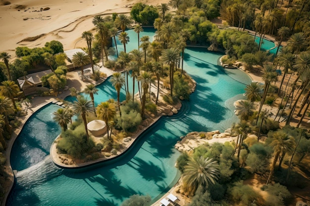 A desert oasis captured from above featuring palm trees surrounding a shimmering pool of water