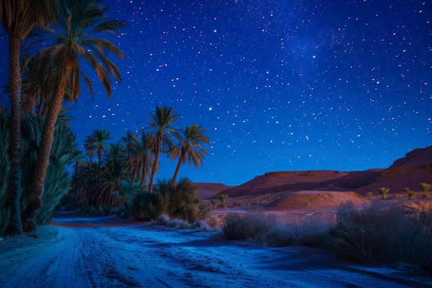 Desert oasis under the stars a captivating image showcasing an oasis in the desert