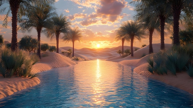 Photo desert oasis at sunset 3d illustration