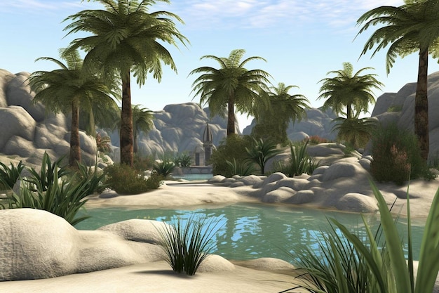 Photo desert oasis with a palm grove and shimmering water