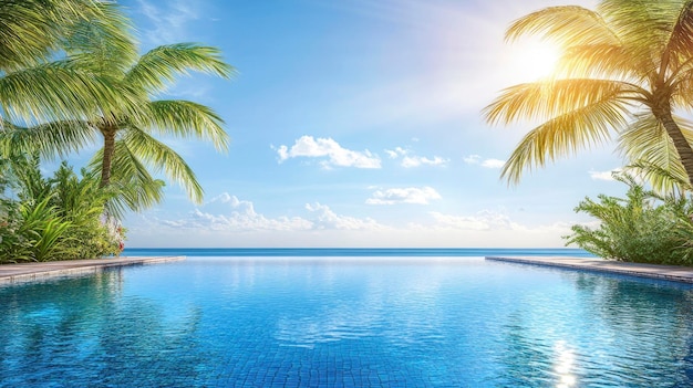 Photo desert oasis with palm trees and a clear blue pool bright refreshing sunlight