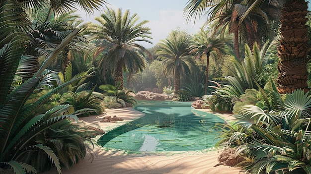 Photo desert oasis with palm trees and clear pool of water