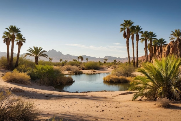 Desert oasis with palm trees and cliffs