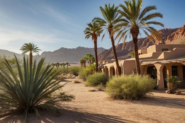 Desert oasis with palm trees and cliffs