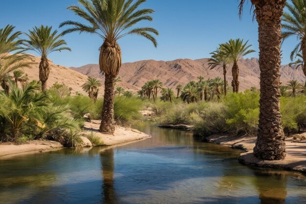 Desert oasis with palm trees and cliffs