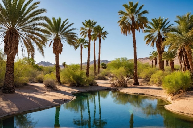 Desert oasis with palm trees and cliffs