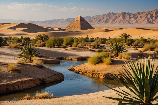 Photo desert oasis with pyramids landscape