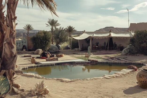 Photo desert oasis with rustic tent and palm trees surrounding a small natural pool