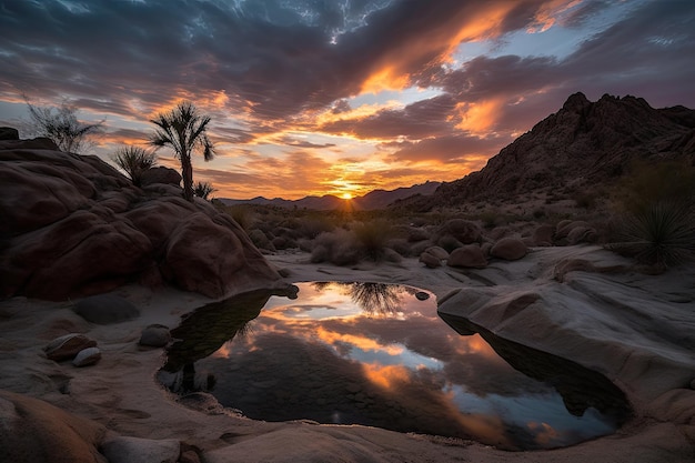 Desert oasis with view of a dramatic sunset sky and silhouetted rocks visible in the foreground