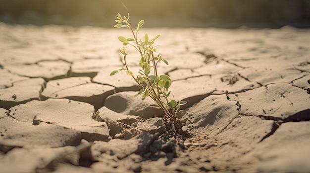 Desert plant thrives on parched fractured terrain sweltering day impacted by climate shift Generative AI