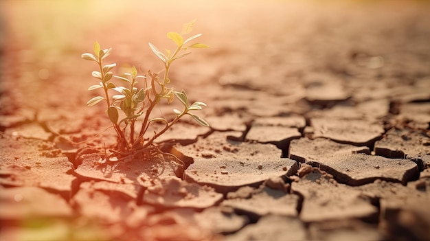 Desert plant thrives on parched fractured terrain sweltering day impacted by climate shift Generative AI