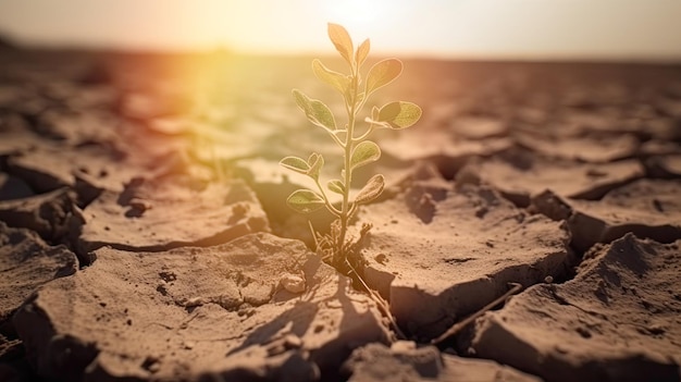 Desert plant thrives on parched fractured terrain sweltering day impacted by climate shift Generative AI