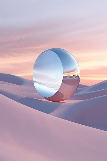 Desert reflection in glass sphere at sunset