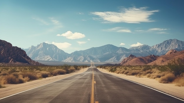 Desert road leading towards mountains under a clear blue sky