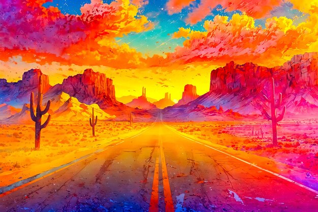 Photo desert road at sunset